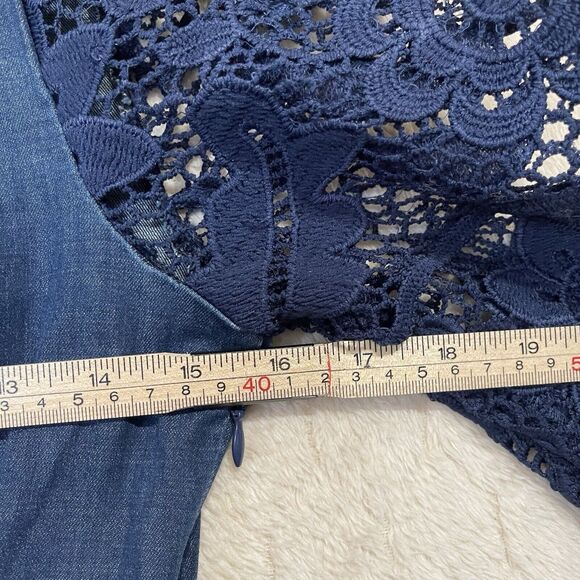 La Reyna Denim Lace Off The Shoulder Dress Pockets Side Zip Boho Cottagecore S - Picture 4 of 11